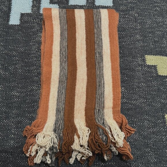 Ecuadorian 100% Wool Fringed Striped Scarf, Multi-Color Natural/Brown/Grey - Picture 2 of 10
